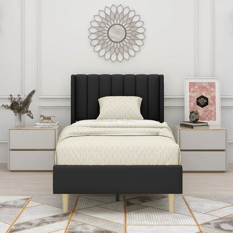 Twin Size Mid-Century Black Linen Platform Bed Frame with Upholstered Headboard