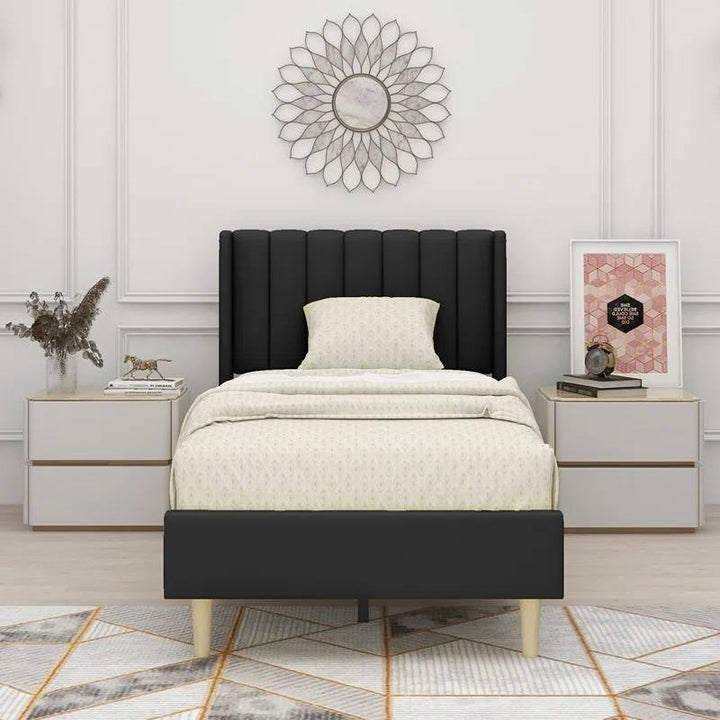 Twin Size Mid-Century Black Linen Platform Bed Frame with Upholstered Headboard