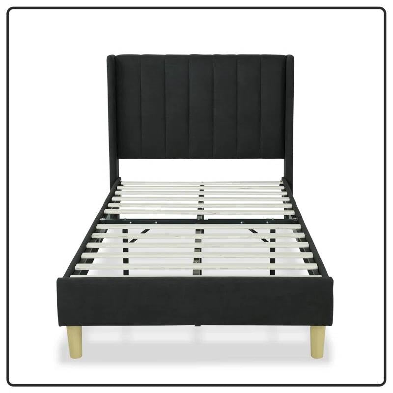 Twin Size Mid-Century Black Linen Platform Bed Frame with Upholstered Headboard