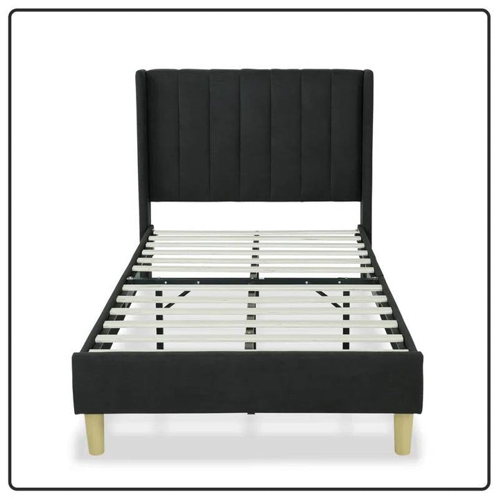 Twin Size Mid-Century Black Linen Platform Bed Frame with Upholstered Headboard