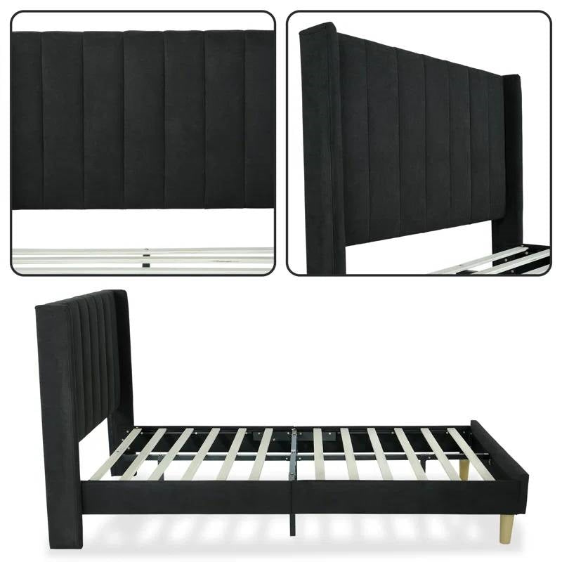 Twin Size Mid-Century Black Linen Platform Bed Frame with Upholstered Headboard