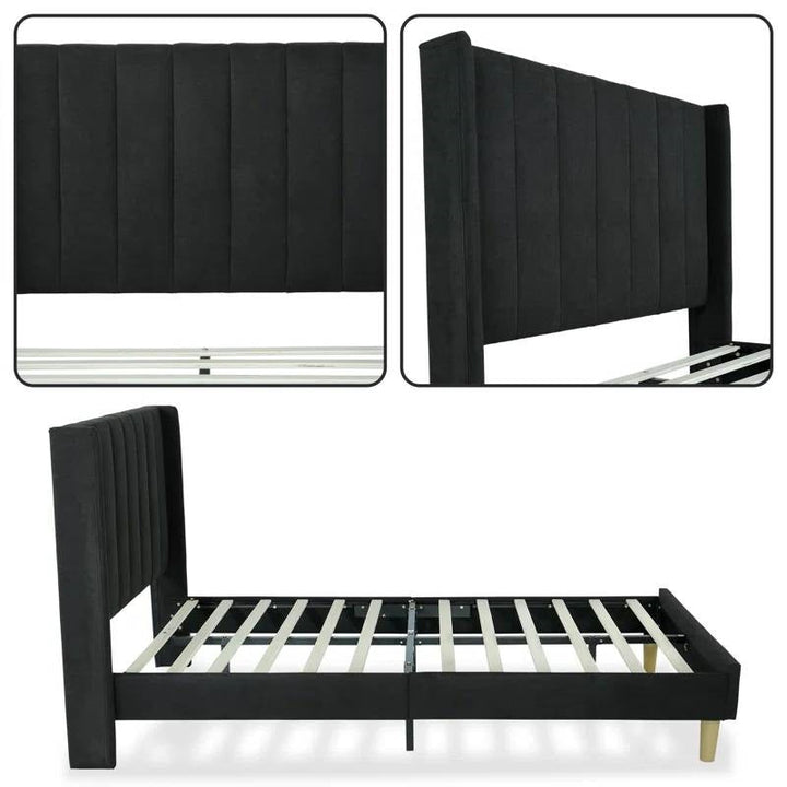 Twin Size Mid-Century Black Linen Platform Bed Frame with Upholstered Headboard