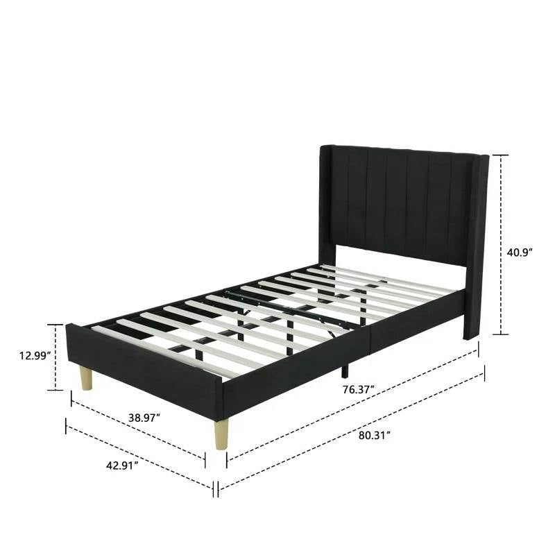Twin Size Mid-Century Black Linen Platform Bed Frame with Upholstered Headboard