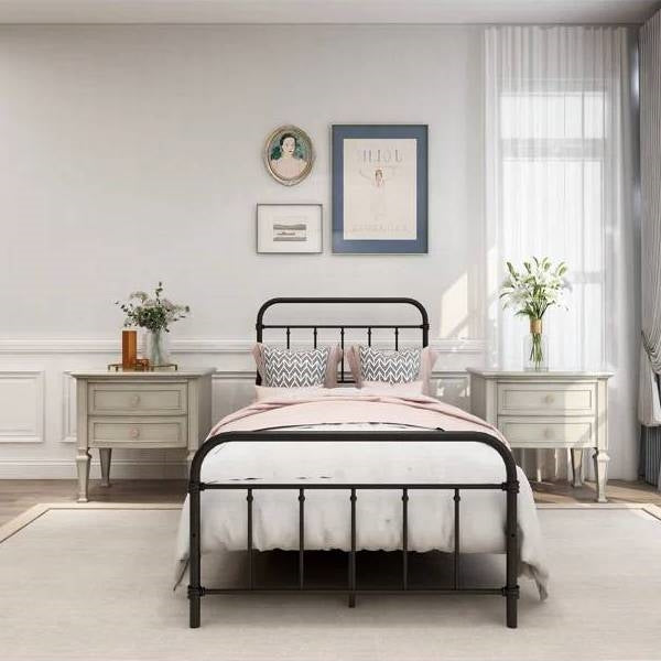 Twin Size Farmhouse Black Metal Bed Frame with Rounded Headboard Footboard