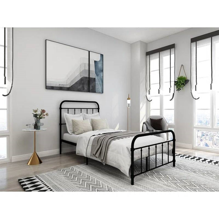 Twin Size Farmhouse Black Metal Bed Frame with Rounded Headboard Footboard