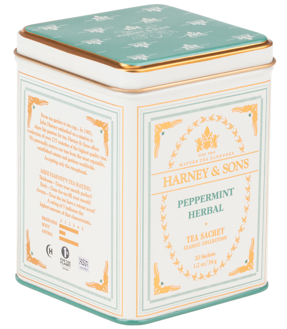 Harney and Sons peppermint herbal tea tin with decorative design.