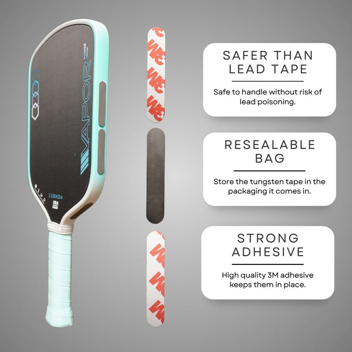 Pickleball paddle with tungsten tape and safety features on a gray background.