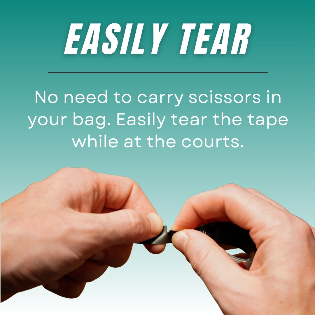 Hands using a tape tearer with text on a teal background.