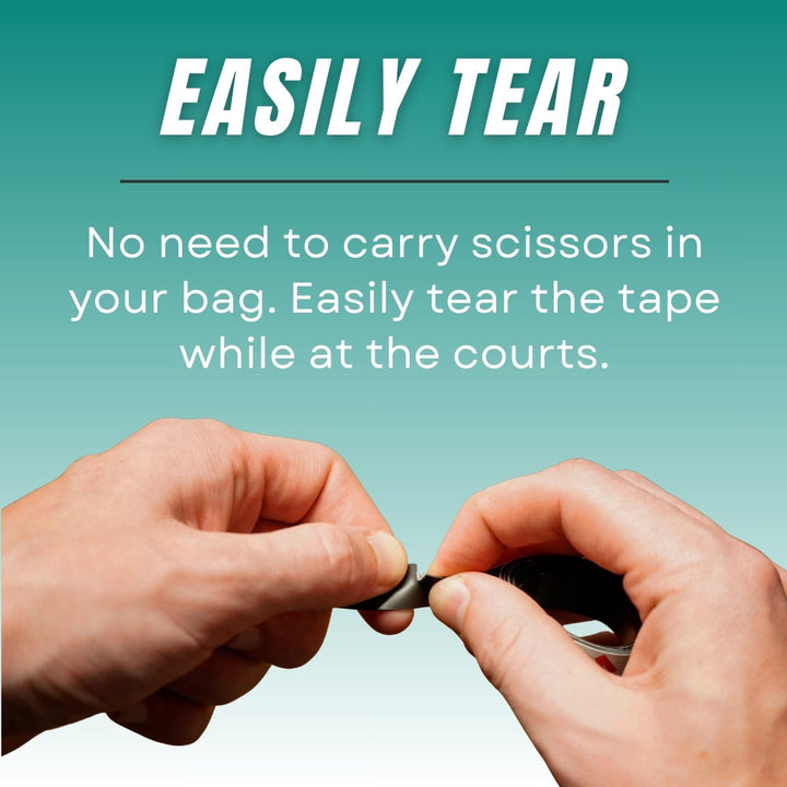 Hands using a tape tearer with text on a teal background.