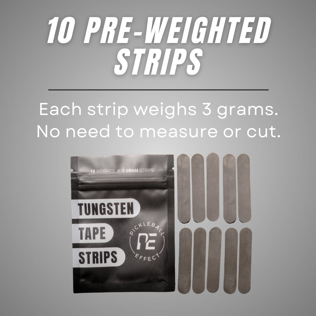 Packaging of Tungsten Tape Strips with text on a gray background.