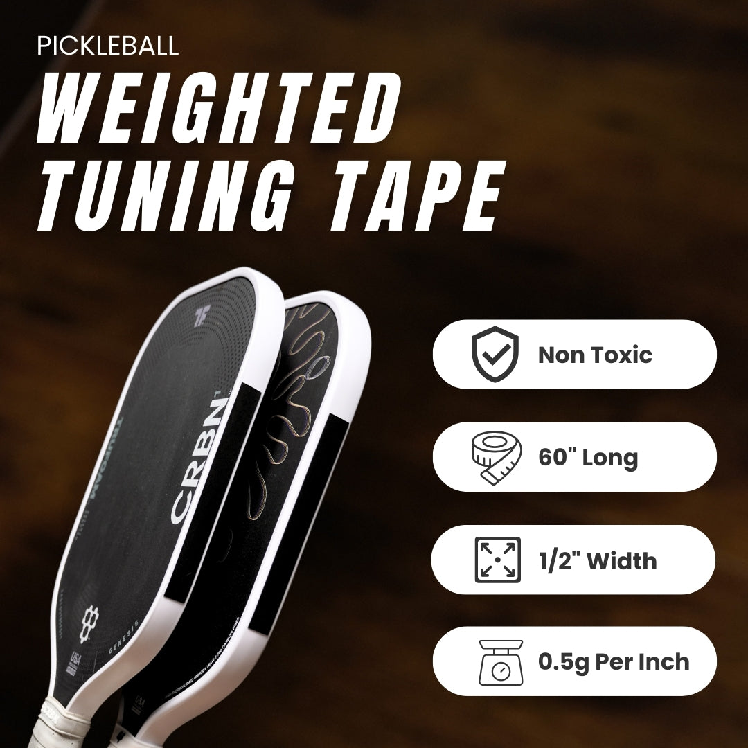 Pickleball weighted tuning tape with product details on a dark background.