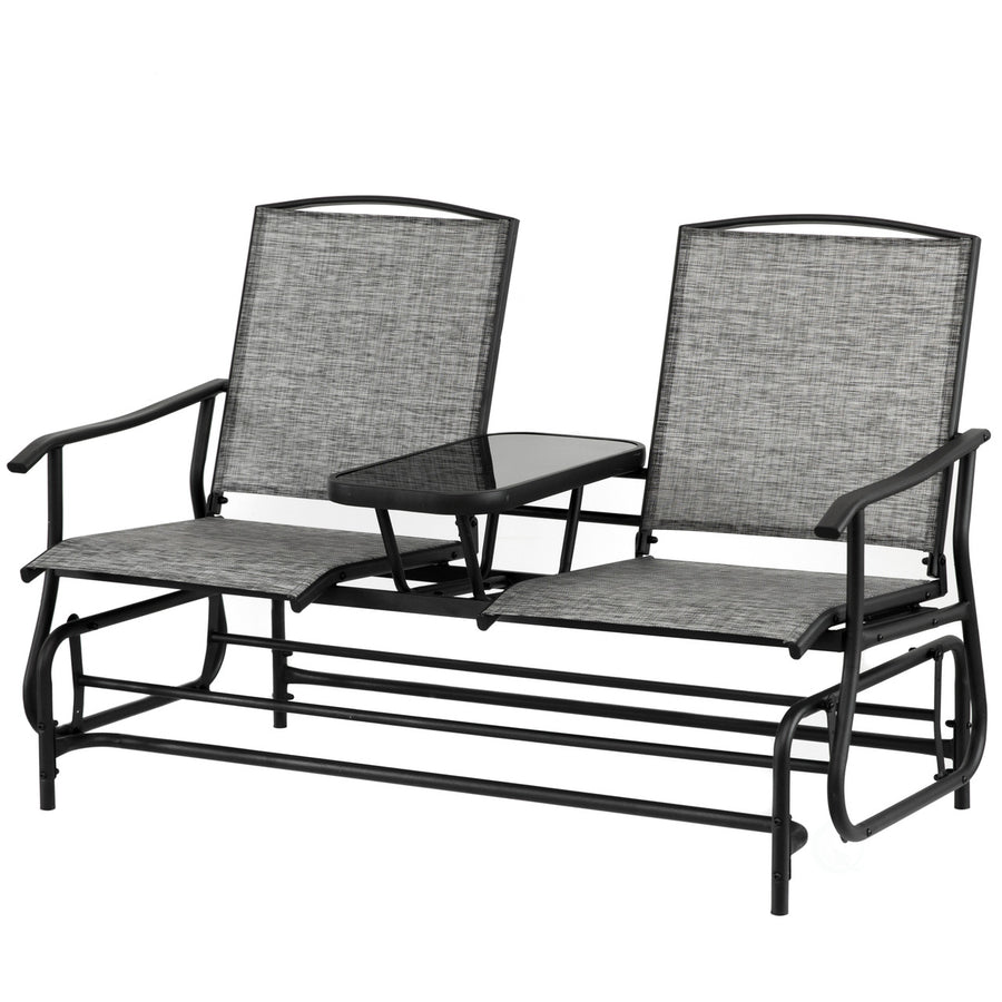 Two Person Outdoor Double Swing Glider Chair Set with Center Tempered Glass Table, Loveseat Lawn Rocker Bench