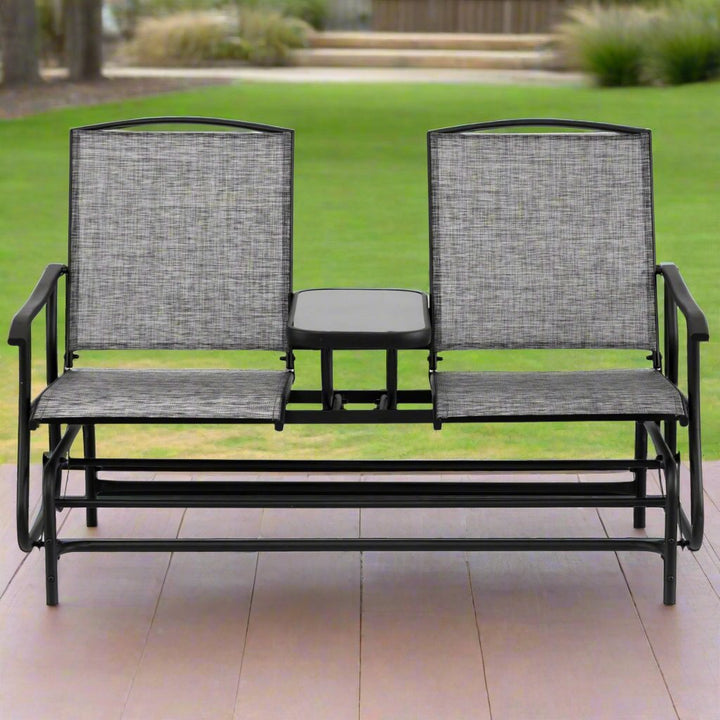 Two Person Outdoor Double Swing Glider Chair Set with Center Tempered Glass Table, Loveseat Lawn Rocker Bench Closeup