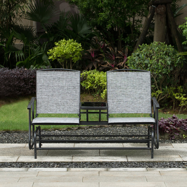 Two Person Outdoor Double Swing Glider Chair Set with Center Tempered Glass Table, Loveseat Lawn Rocker Bench Front View