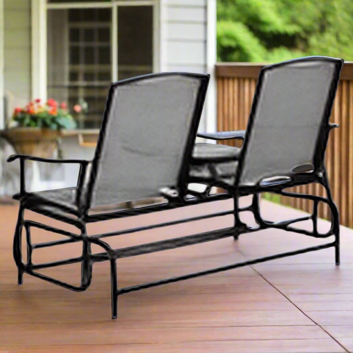 Two Person Outdoor Double Swing Glider Chair Set with Center Tempered Glass Table, Loveseat Lawn Rocker Bench Back View