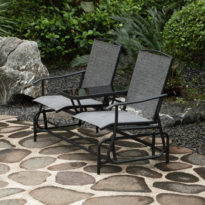 Two Person Outdoor Double Swing Glider Chair Set with Center Tempered Glass Table, Loveseat Lawn Rocker Bench Left Angle