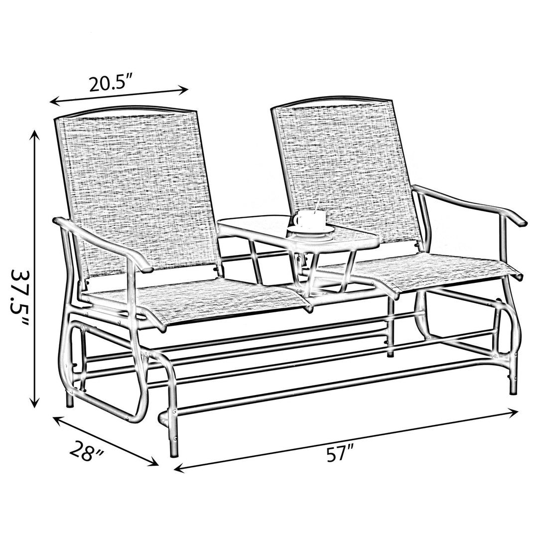 Two Person Outdoor Double Swing Glider Chair Set with Center Tempered Glass Table, Loveseat Lawn Rocker Bench Dimensions