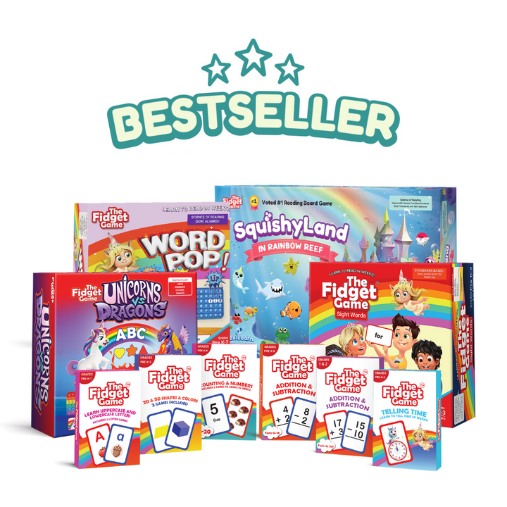 Collection of educational games with colorful boxes on a white background, featuring the word bestseller.