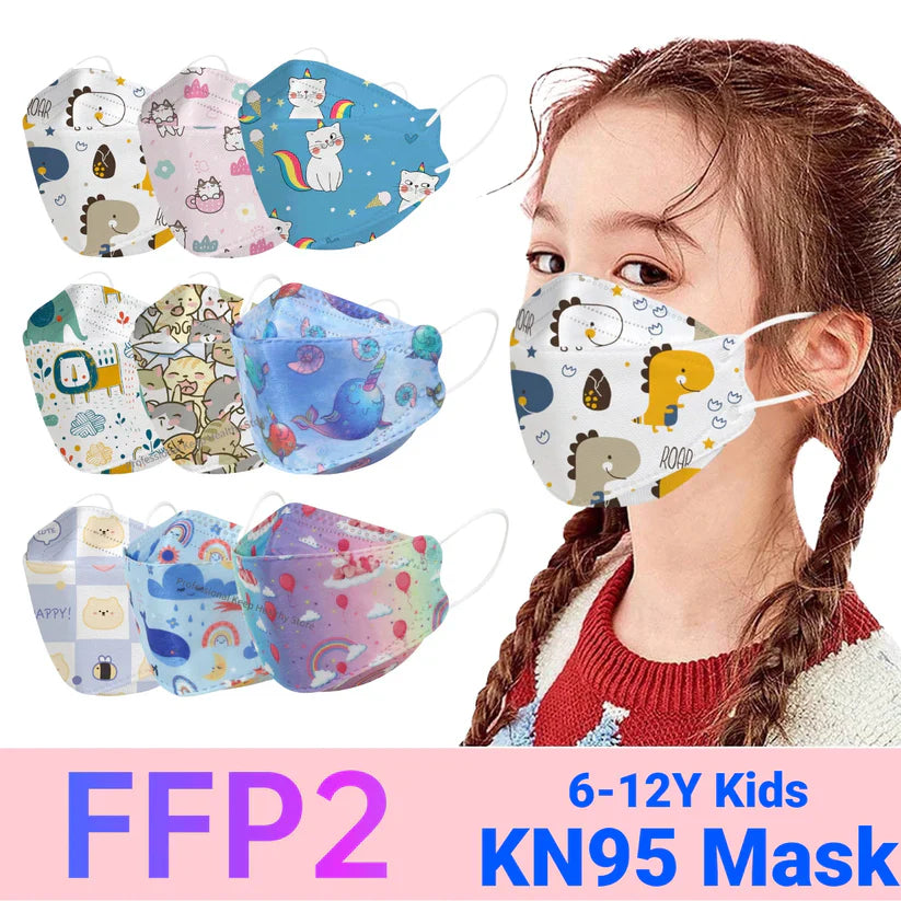 Kids KN95 Masks of Cartoon Dinosaurs, Cats and Rainbow Prints