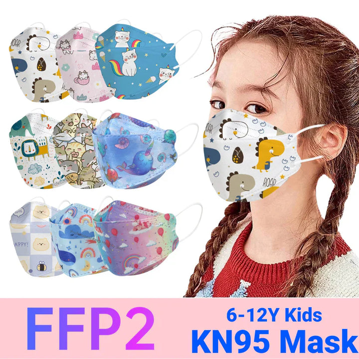 Kids KN95 Masks of Cartoon Dinosaurs, Cats and Rainbow Prints