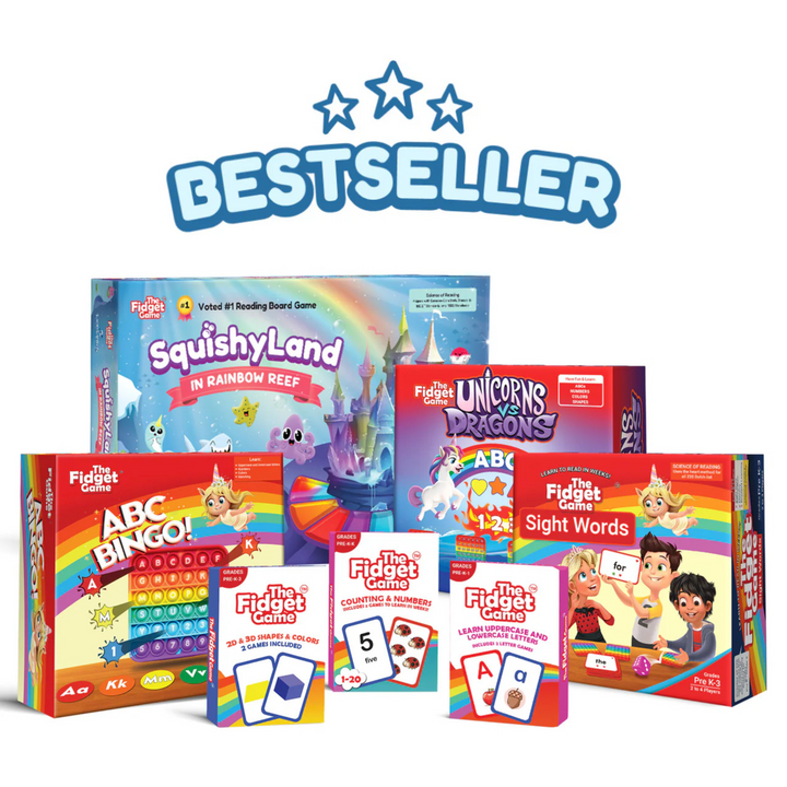 Collection of children's educational games with bestseller label on a white background.
