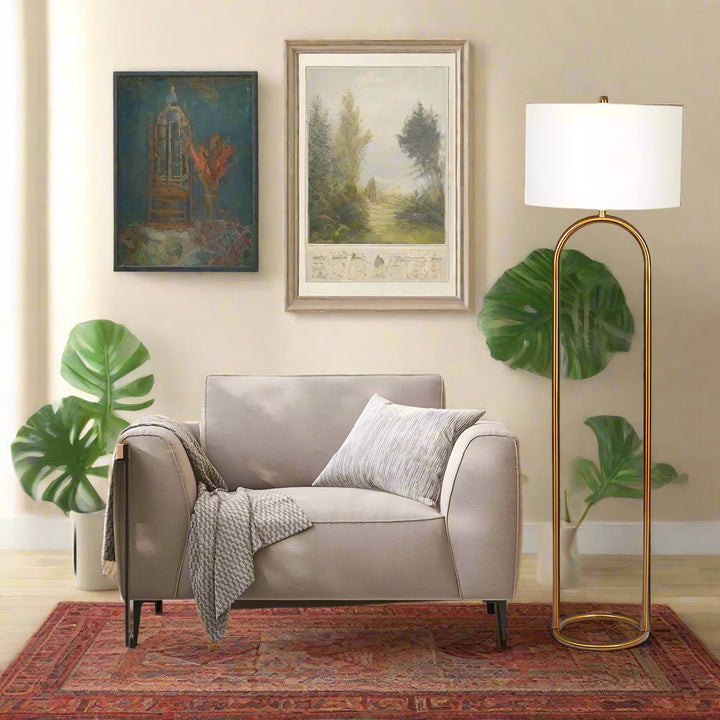 Vivid Brass Ring Base Floor Lamp with Large White Drum Shade with Background.