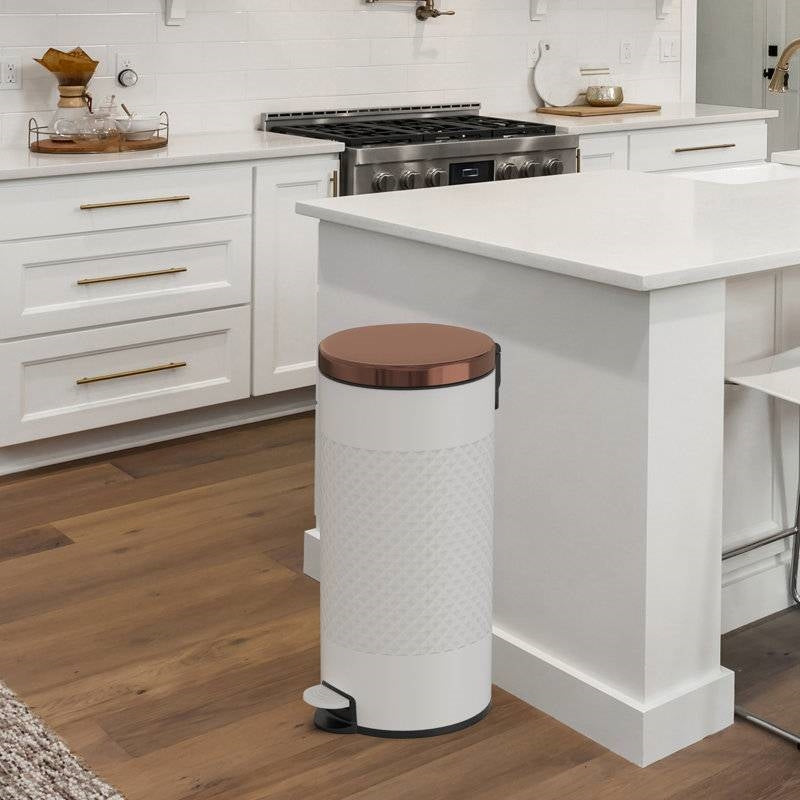 Hands Free White/Gold Metal Step on Trash Can - 8 Gallons