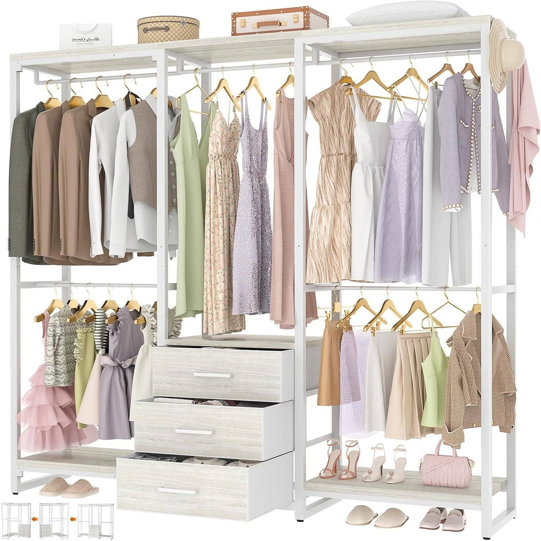 Heavy Duty White Metal Freestanding Garment Rack Closet Wardrobe with 3 Drawers