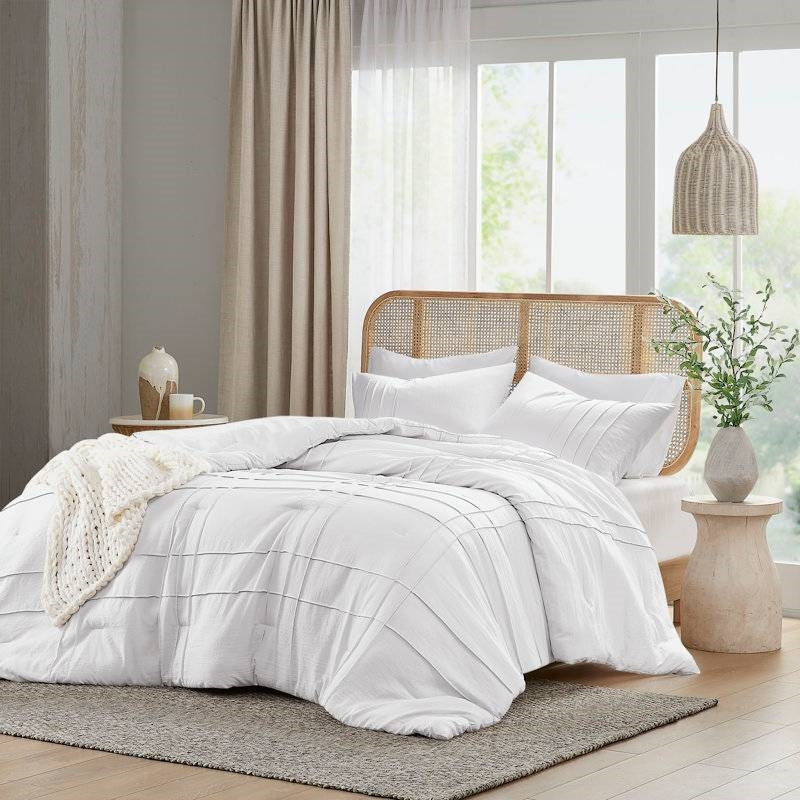 King Size Microfiber Pleated Soft Washed Comforter Set White