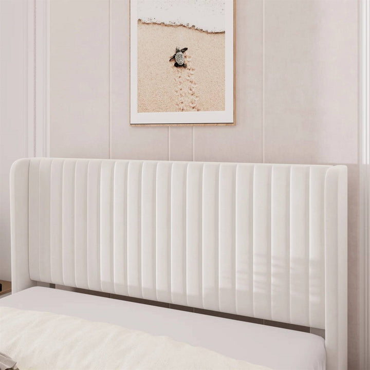 Queen Size White Velvet Upholstered Platform Bed Frame with Wingback Headboard