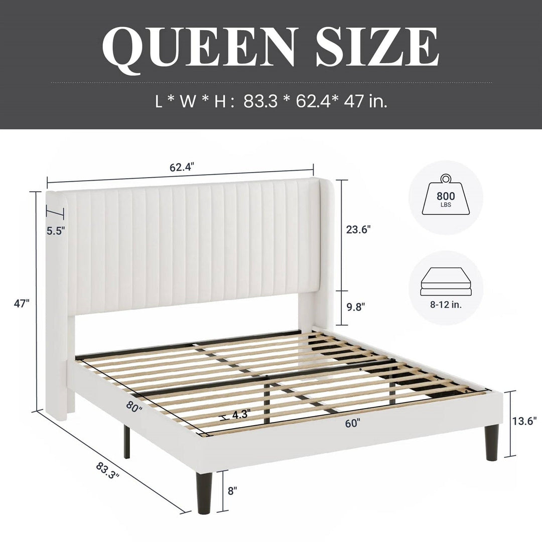 Queen Size White Velvet Upholstered Platform Bed Frame with Wingback Headboard