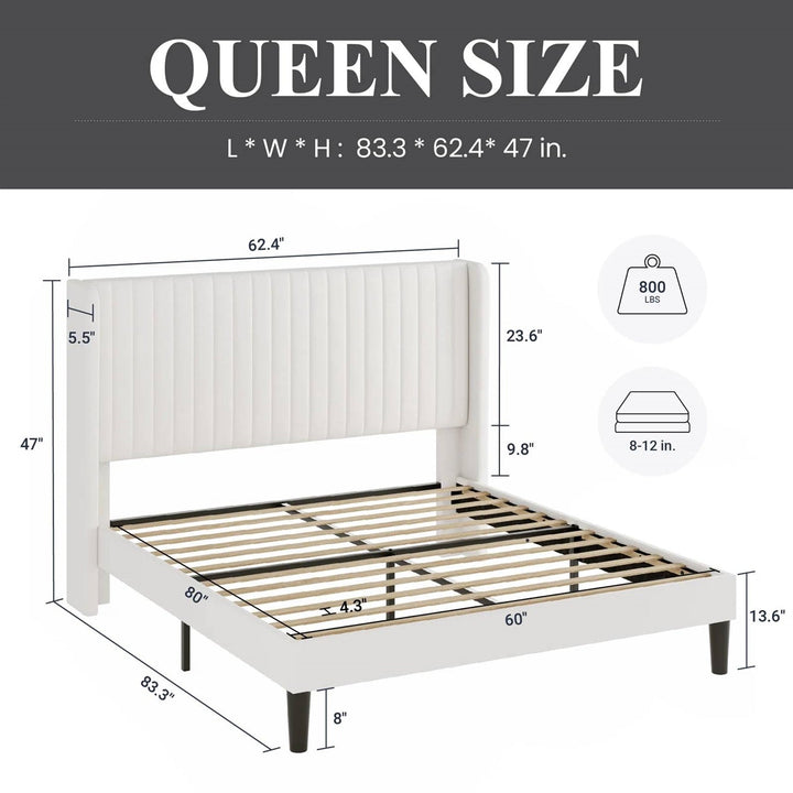 Queen Size White Velvet Upholstered Platform Bed Frame with Wingback Headboard