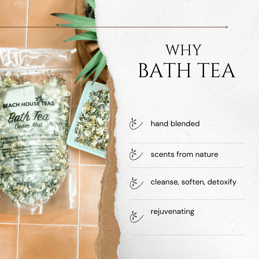 Bath tea packaging with text highlighting features on a white background.