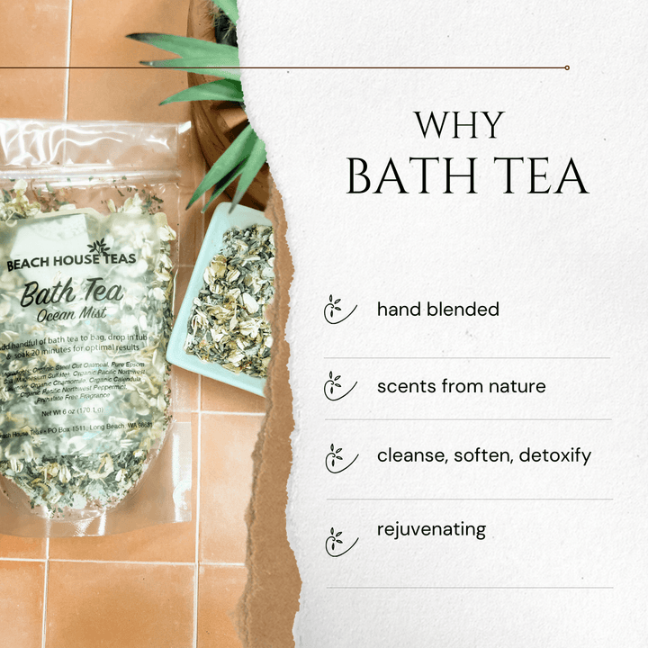 Bath tea packaging with text highlighting features on a white background.