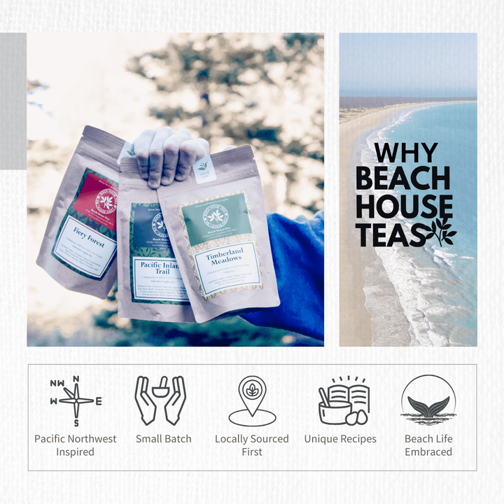 Beach House Teas packaging held by a person with scenic ocean background.