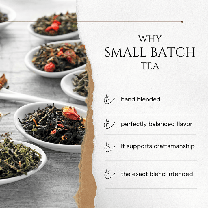 Small batch tea with text on a white background.