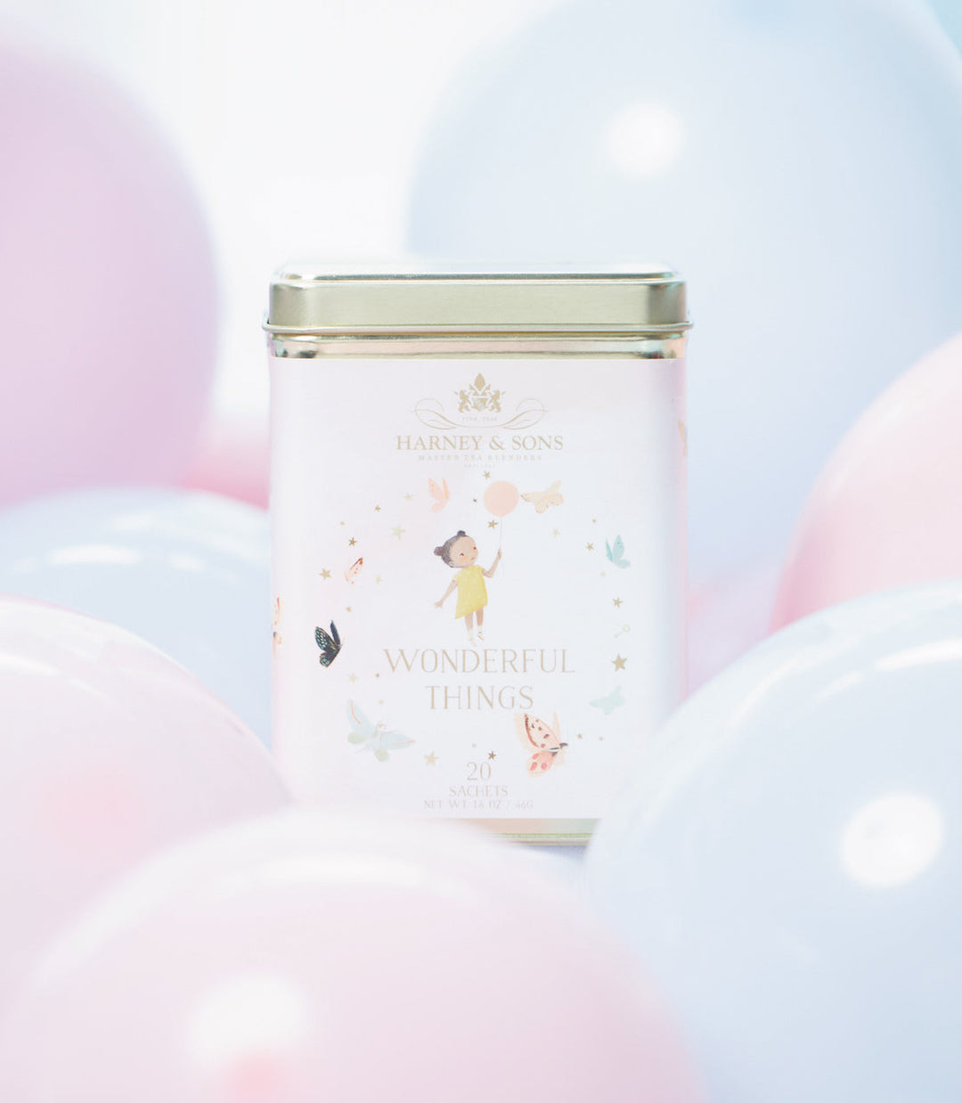 Wonderful Things Girl, Tin of 20 Tea Sachets with background.