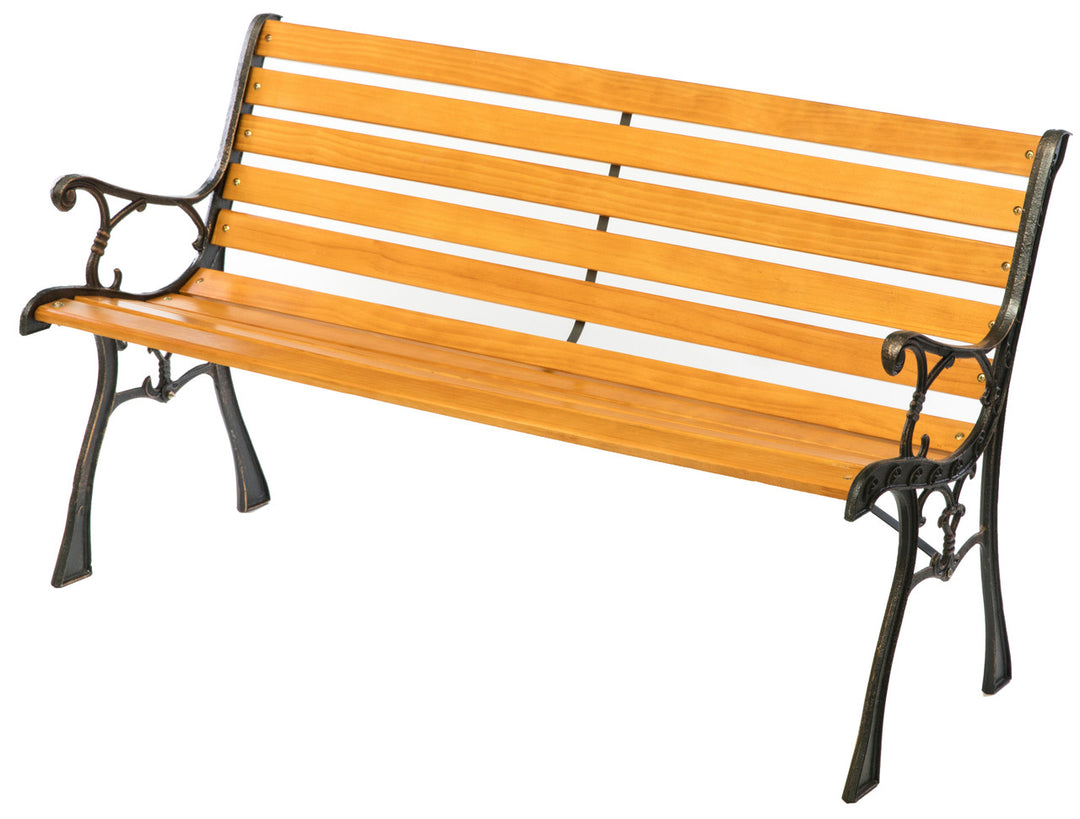 Wooden Outdoor Park Patio Garden Yard Bench with Designed Steel Armrest and Legs Left Angle Without Background