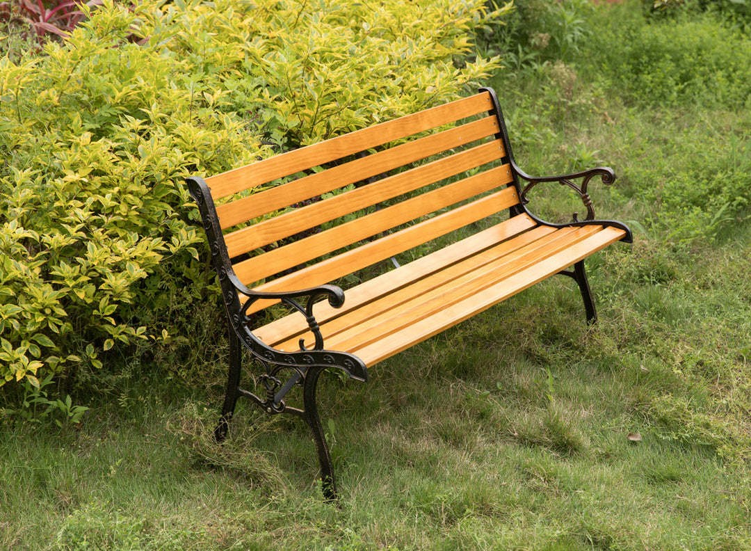 Wooden Outdoor Park Patio Garden Yard Bench with Designed Steel Armrest and Legs Right Angle