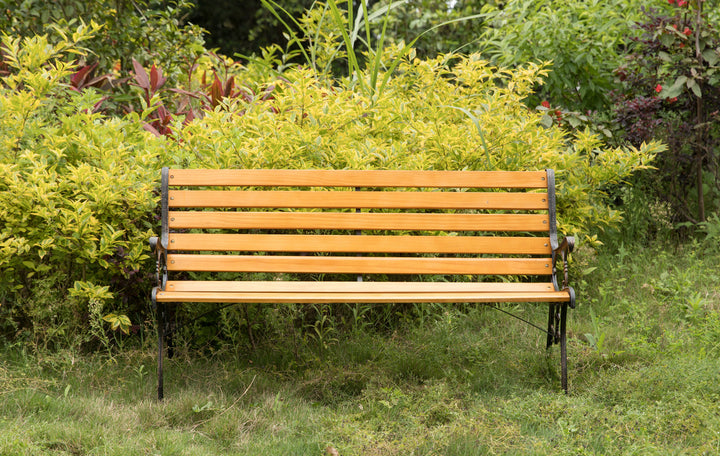 Wooden Outdoor Park Patio Garden Yard Bench with Designed Steel Armrest and Legs Front Photo