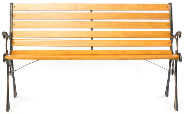 Wooden Outdoor Park Patio Garden Yard Bench with Designed Steel Armrest and Legs Front View