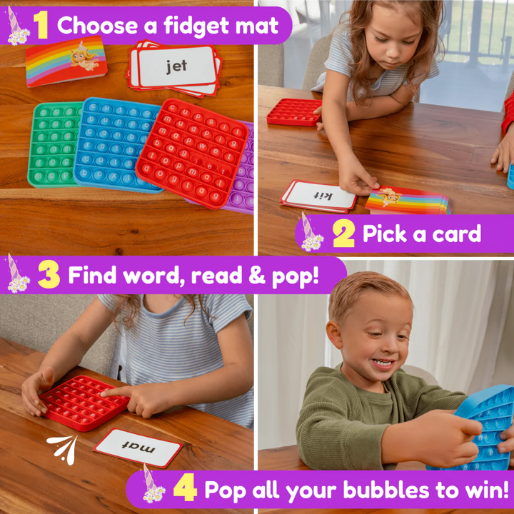 Children playing with fidget toys and educational cards on a wooden floor.