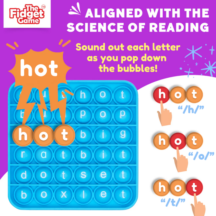 Fidget toy with letters and text for sound out activity, branded as the fidget game.