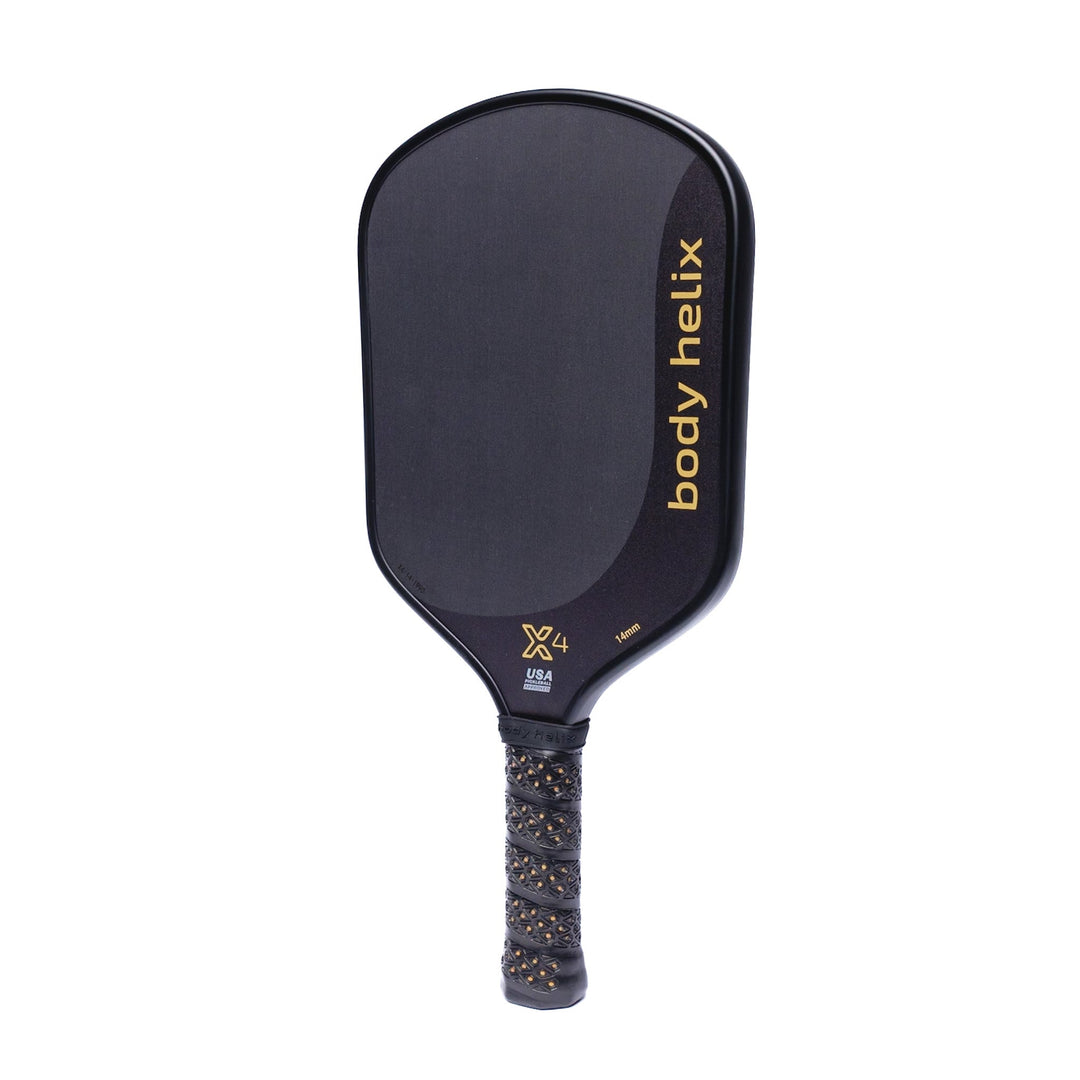Black pickleball paddle with body helix branding on a white background.