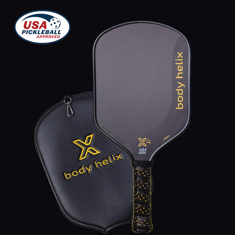 Body Helix pickleball paddle with carrying case on a black background, featuring USA Pickleball logo.