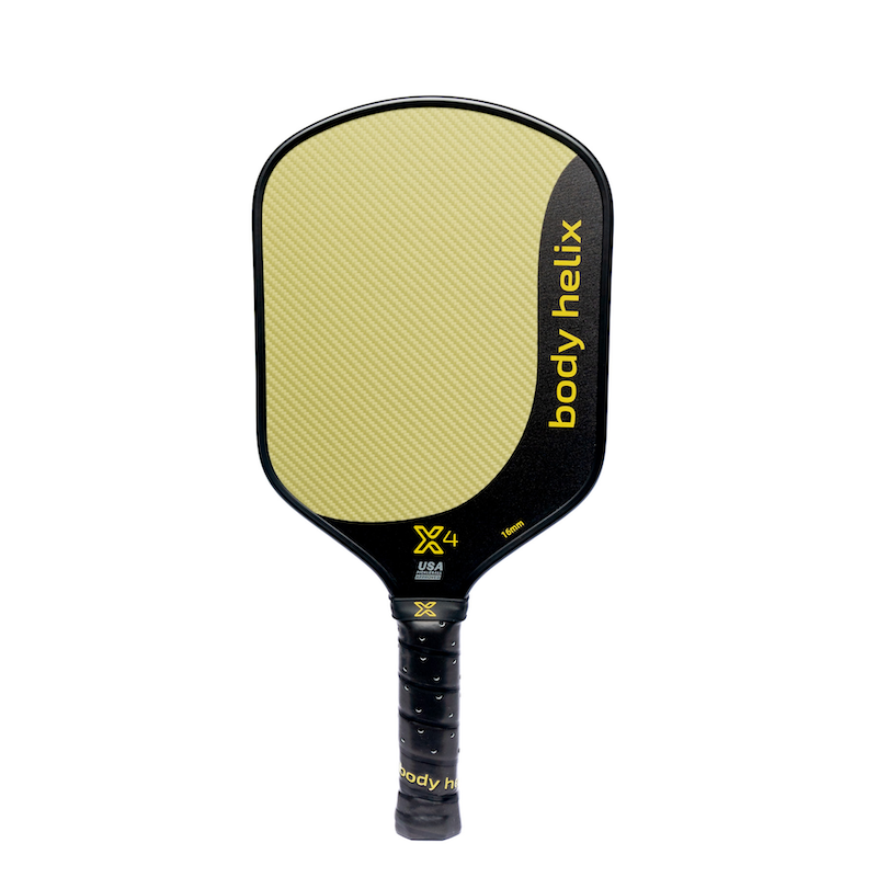 Pickleball paddle with body helix'branding on a white background.