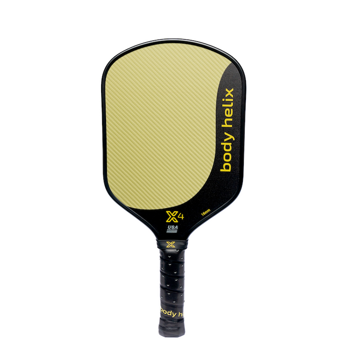 Pickleball paddle with body helix'branding on a white background.