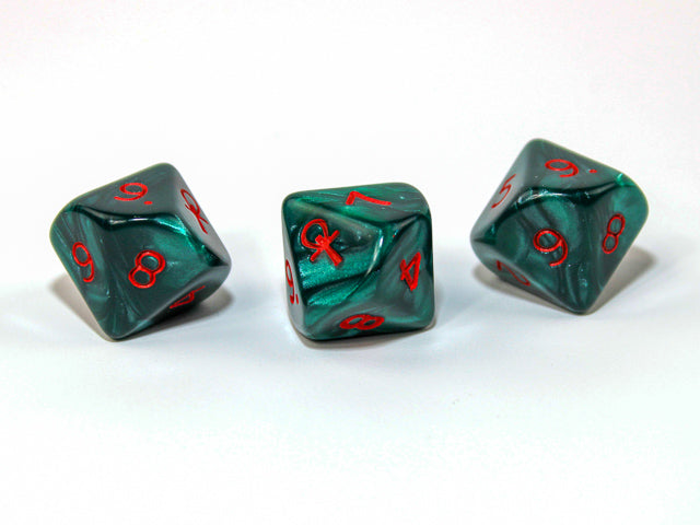 Pearlescent Ankh Numbered 2-10 w/Ankh on one side d10 Green/red numbers