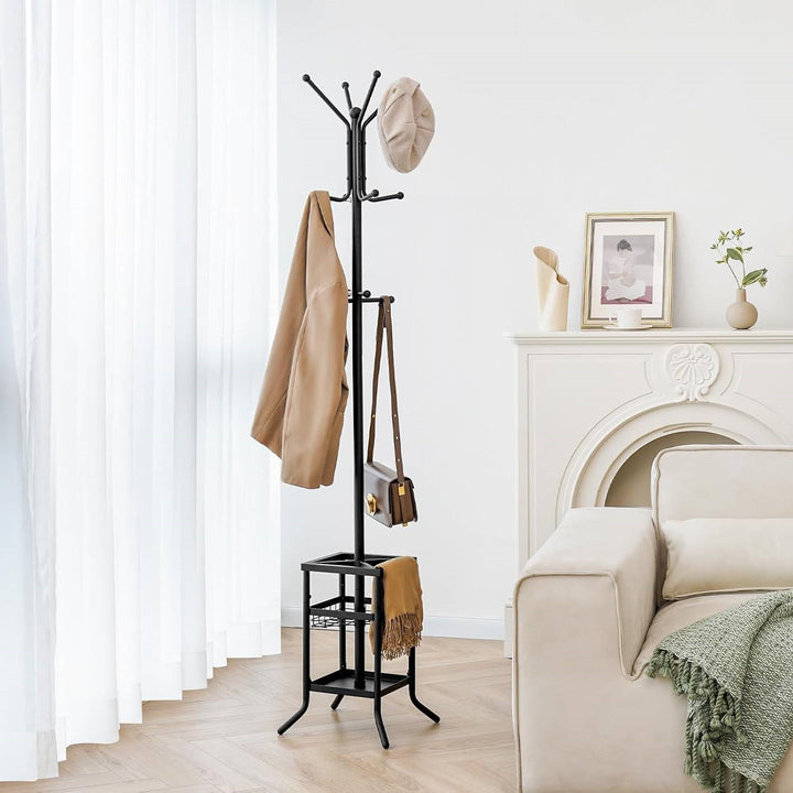 Black Metal Coat Rack Entryway Hall Tree with Umbrella Holder