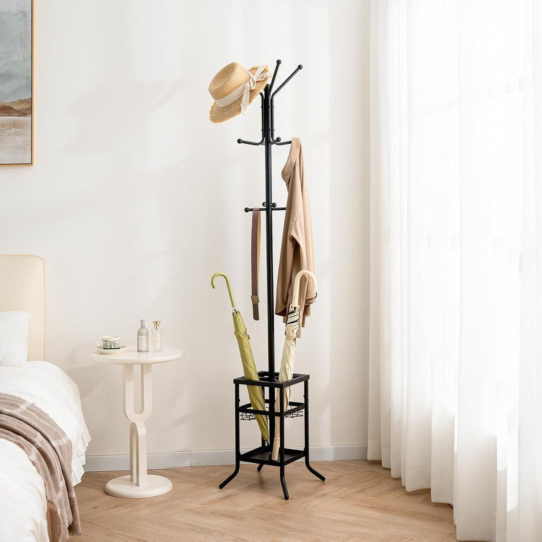 Black Metal Coat Rack Entryway Hall Tree with Umbrella Holder